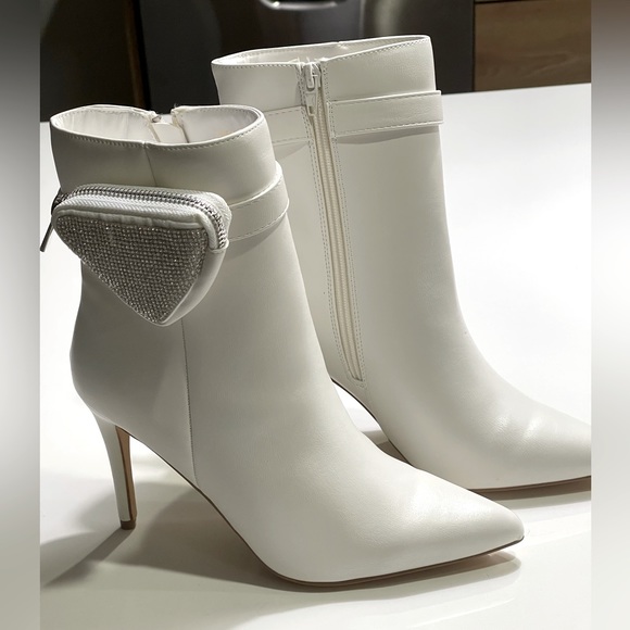 Silver Rhinestone Zip Pouch White Heel Booties - Picture 4 of 11
